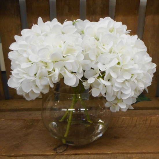 White Hydrangeas in Fish Bowl Artificial Flower Arrangement